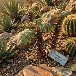 Rare succulents and agaves in desert landscape with Seedlings India field notes and compass