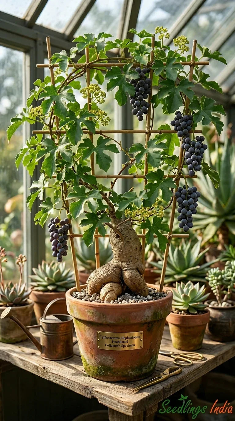 Rare Cyphostemma Elephantopus collector's specimen with dark grapes, thriving in terracotta pot amidst succulents in greenhouse